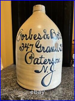 Antique Forbes & Botbyl 2 Gallon Stoneware Script Advertising Jug