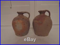 Antique French 19th C. Primitive Pair Terracotta Stoneware Glaze Pottery Jugs