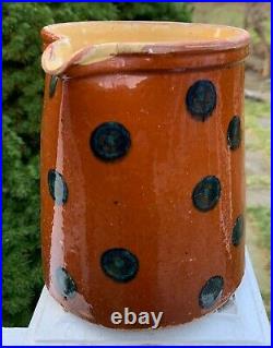 Antique French Art Pottery Confit Stoneware Blue Polka Dot Milk Pitcher