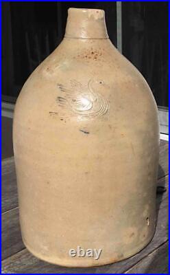 Antique Gardiner Stoneware ME 1 Gal Salt Glaze Jug Incised Swan Applied Handle