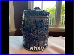 Antique German Blue Salt Glazed Stoneware Tobacco Jar Humidor Oak Leaf Acorn