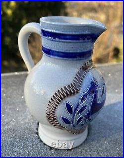 Antique German Stoneware Cream Jug Cobalt Blue Decoration Salt Glazed