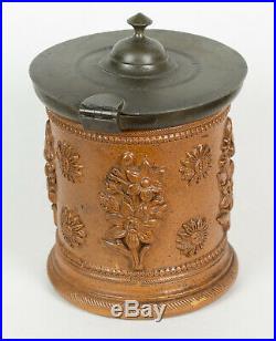 Antique German Stoneware Salt Glaze Tobacco Jar Pewter Mounts Floral Relief