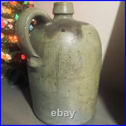 Antique Glazed Stoneware Pottery Jug with Handle One Gallon 9H