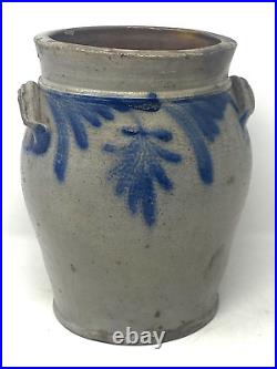 Antique Gray Stoneware Crock Cobalt Blue Motif Applied Handles circa 1800's