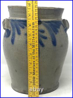 Antique Gray Stoneware Crock Cobalt Blue Motif Applied Handles circa 1800's