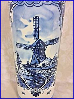 Antique Hand Painted Blue and White Wind Mill Holland Delft Pottery Vase with Lid