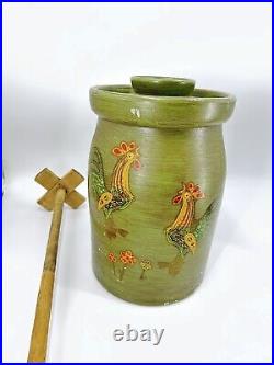 Antique Handmade Pottery Butter Churn Glazed Stoneware Painted Roosters See Pics