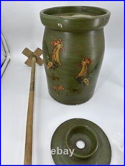 Antique Handmade Pottery Butter Churn Glazed Stoneware Painted Roosters See Pics