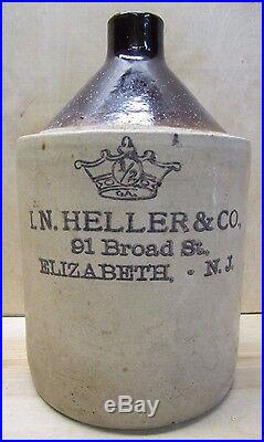 Antique I. N. HELLER & Co ELIZABETH NJ Stoneware Pottery Jug 1/2g RCP Akron Ohio