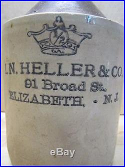 Antique I. N. HELLER & Co ELIZABETH NJ Stoneware Pottery Jug 1/2g RCP Akron Ohio
