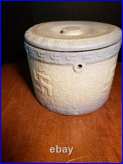 Antique Indian Peace Swastika Stoneware Butter Crock with Lid primitive blue white