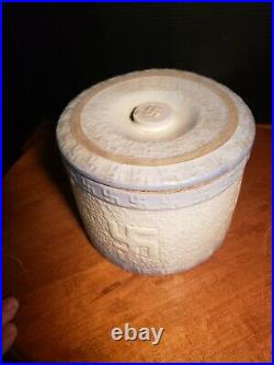 Antique Indian Peace Swastika Stoneware Butter Crock with Lid primitive blue white