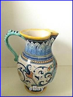 Antique Italian Majolica Pottery Painted Wine Pitcher