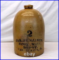 Antique JAMES BENJAMIN 2 Gallon STONEWARE JUG Cobalt Blue CINCINNATI OHIO early