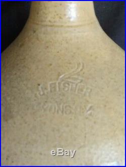 Antique J. Fisher Lyons Ny Script Jug, Saltglaze Stoneware Pottery, 2 Gal, EC