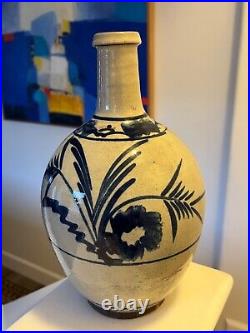 Antique Japanese Old Glazed Stoneware Blue & White Sake Bottle Studio Pottery