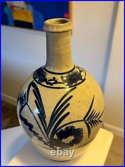 Antique Japanese Old Glazed Stoneware Blue & White Sake Bottle Studio Pottery