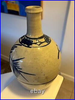 Antique Japanese Old Glazed Stoneware Blue & White Sake Bottle Studio Pottery