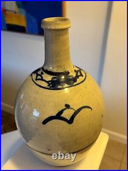 Antique Japanese Old Glazed Stoneware Blue & White Sake Bottle Studio Pottery