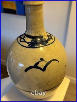 Antique Japanese Old Glazed Stoneware Blue & White Sake Bottle Studio Pottery