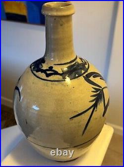 Antique Japanese Old Glazed Stoneware Blue & White Sake Bottle Studio Pottery