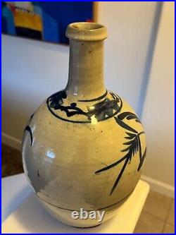 Antique Japanese Old Glazed Stoneware Blue & White Sake Bottle Studio Pottery