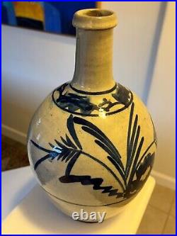 Antique Japanese Old Glazed Stoneware Blue & White Sake Bottle Studio Pottery