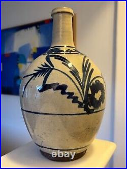 Antique Japanese Old Glazed Stoneware Blue & White Sake Bottle Studio Pottery