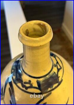 Antique Japanese Old Glazed Stoneware Blue & White Sake Bottle Studio Pottery