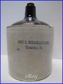 Antique John B. Monaghan's Sons Shenandoah Pa Stoneware Pottery Advertising Jug