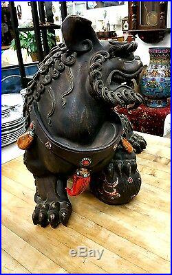Antique Large Pair Of Chinese Stoneware Foo Dogs With Enamel On Pottery, Rare
