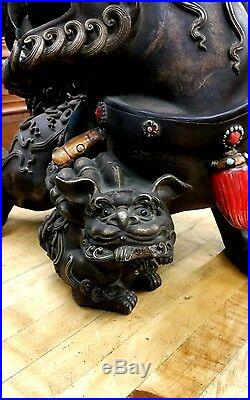 Antique Large Pair Of Chinese Stoneware Foo Dogs With Enamel On Pottery, Rare