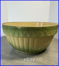 Antique Large Yellow Ware Pottery MIXING BOWL Green Ivory 10.5 Unmarked