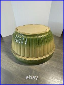 Antique Large Yellow Ware Pottery MIXING BOWL Green Ivory 10.5 Unmarked