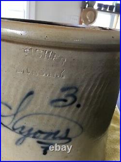 Antique Lyons Fisher #3 Gallon Salt Glaze Stoneware Crock Primitive Cobalt blue
