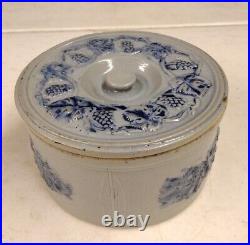 Antique M Friedman Lidded Salt Glaze Blue Grape Vine Stoneware Cake Butter Crock