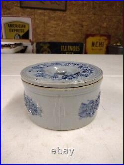 Antique M Friedman Lidded Salt Glaze Blue Grape Vine Stoneware Cake Butter Crock