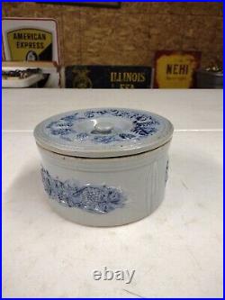 Antique M Friedman Lidded Salt Glaze Blue Grape Vine Stoneware Cake Butter Crock