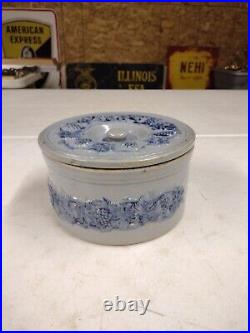 Antique M Friedman Lidded Salt Glaze Blue Grape Vine Stoneware Cake Butter Crock