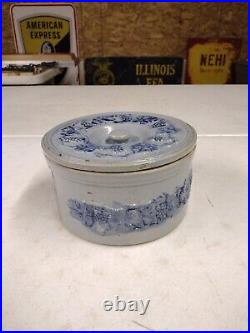 Antique M Friedman Lidded Salt Glaze Blue Grape Vine Stoneware Cake Butter Crock