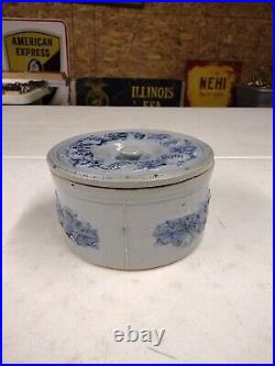 Antique M Friedman Lidded Salt Glaze Blue Grape Vine Stoneware Cake Butter Crock