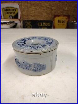 Antique M Friedman Lidded Salt Glaze Blue Grape Vine Stoneware Cake Butter Crock