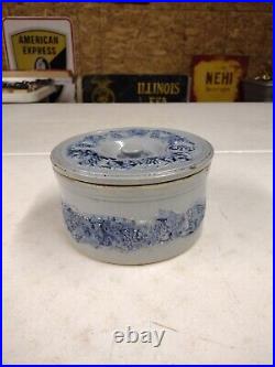 Antique M Friedman Lidded Salt Glaze Blue Grape Vine Stoneware Cake Butter Crock