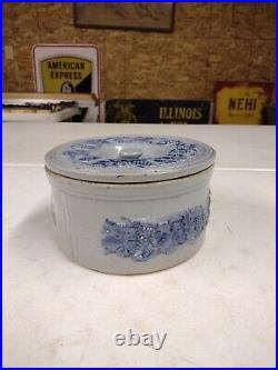 Antique M Friedman Lidded Salt Glaze Blue Grape Vine Stoneware Cake Butter Crock