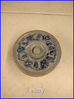 Antique M Friedman Lidded Salt Glaze Blue Grape Vine Stoneware Cake Butter Crock