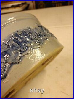 Antique M Friedman Lidded Salt Glaze Blue Grape Vine Stoneware Cake Butter Crock