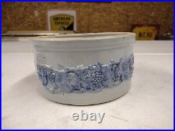 Antique M Friedman Lidded Salt Glaze Blue Grape Vine Stoneware Cake Butter Crock