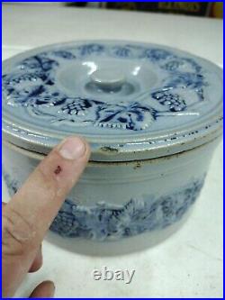 Antique M Friedman Lidded Salt Glaze Blue Grape Vine Stoneware Cake Butter Crock