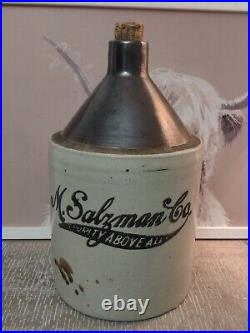 Antique M Salzman Stoneware Advertising Whiskey Jug, No Cracks